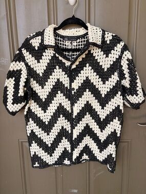 Zara Black and Cream Crochet Chevron Button-Up